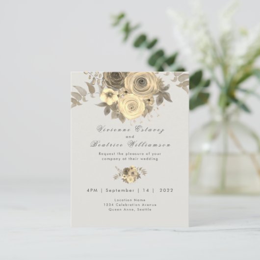 Huwelijksuitnodiging elegant geel rose bord grijs briefkaart (Staand voorkant)