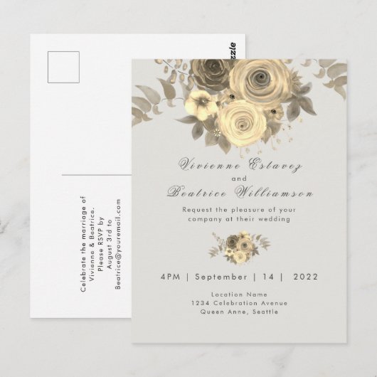 Huwelijksuitnodiging elegant geel rose bord grijs briefkaart (Voorkant / Achterkant)