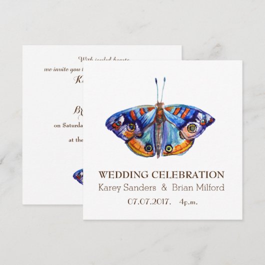 Huwelijksuitnodiging, Elegante, Blauwe Vlinderkuns Kaart (Voorkant / Achterkant)