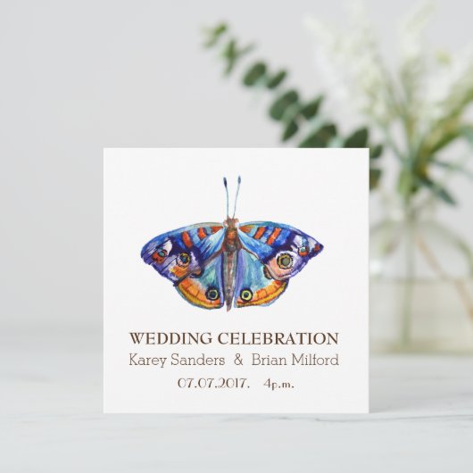 Huwelijksuitnodiging, Elegante, Blauwe Vlinderkuns Kaart (Staand voorkant)