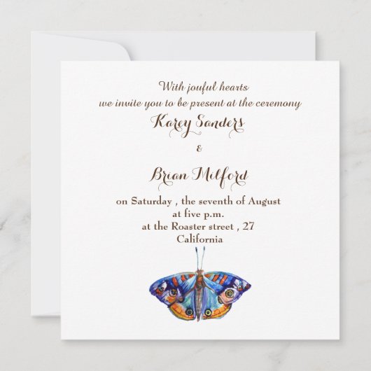 Huwelijksuitnodiging, Elegante, Blauwe Vlinderkuns Kaart (Achterkant)