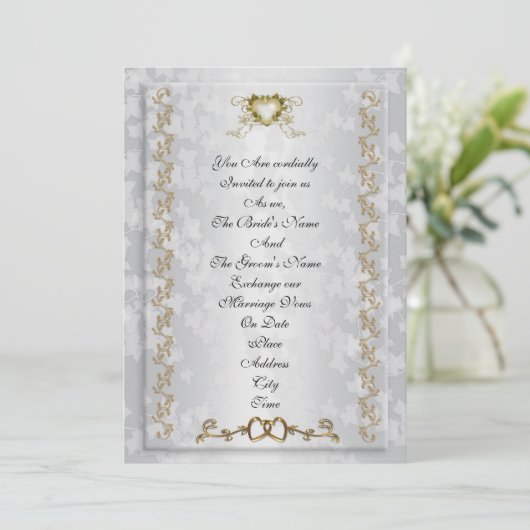 Huwelijksuitnodiging elegante gouden harten kaart (Staand voorkant)