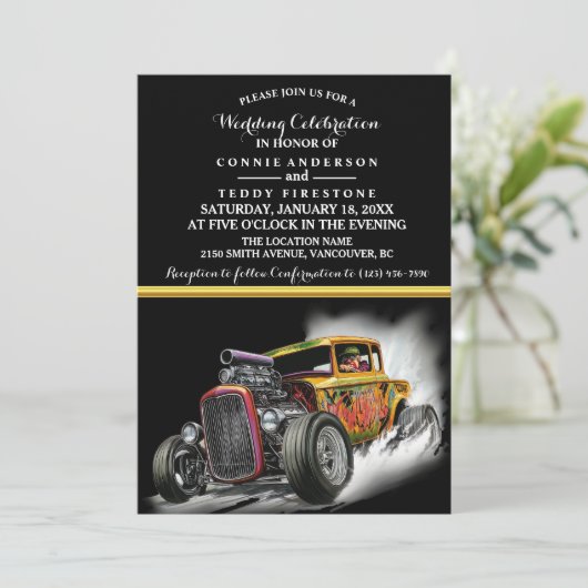 Huwelijksuitnodiging en Hot Rod Kaart (Staand voorkant)