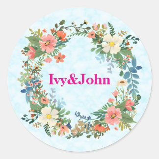 Huwelijksuitnodiging envelop stickers, roze krans ronde sticker