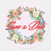 Huwelijksuitnodiging envelop stickers, roze krans ronde sticker (Voorkant)