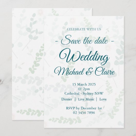 Huwelijksuitnodiging Eucalyptus Floral met RSVP Kaart (Voorkant / Achterkant)