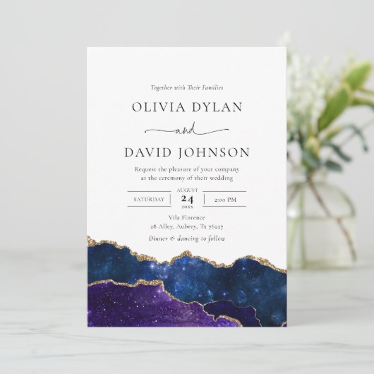 Huwelijksuitnodiging Galaxy Blauw Paars Goud Agaat Kaart (Staand voorkant)