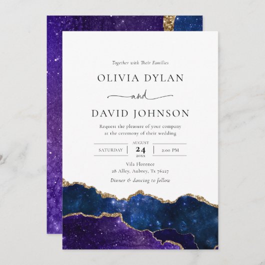 Huwelijksuitnodiging Galaxy Blauw Paars Goud Agaat Kaart (Voorkant / Achterkant)