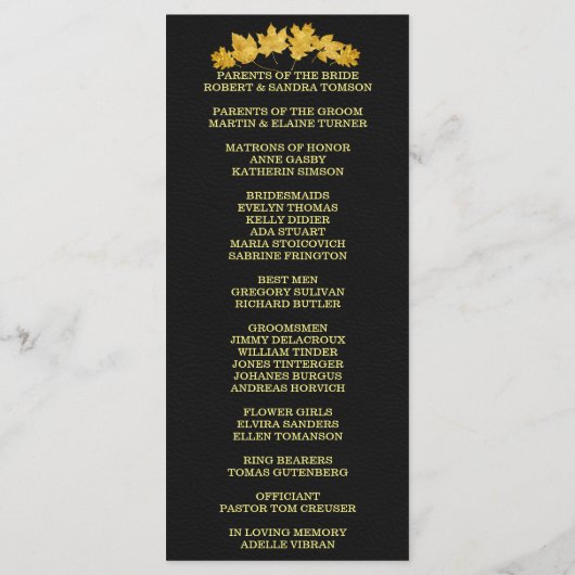 huwelijksuitnodiging | Gold Herfst Foliage Leather Programmakaart (Achterkant)