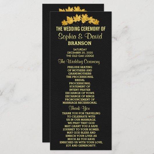 huwelijksuitnodiging | Gold Herfst Foliage Leather Programmakaart (Voorkant / Achterkant)