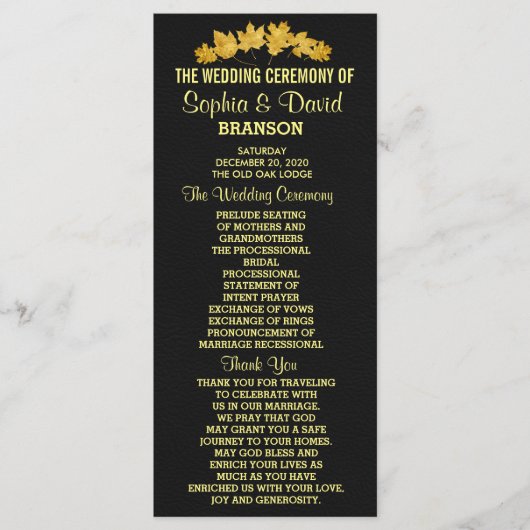 huwelijksuitnodiging | Gold Herfst Foliage Leather Programmakaart (Voorkant)