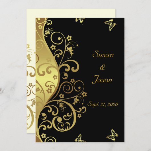 Huwelijksuitnodiging --Gold Swirls & Black 5x7 Kaart (Voorkant / Achterkant)