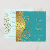 Huwelijksuitnodiging - Gold Swirls & Blauwgroen Kaart (Voorkant / Achterkant)
