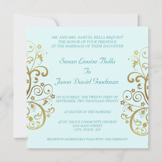Huwelijksuitnodiging - Gold Swirls & Blauwgroen Kaart (Achterkant)