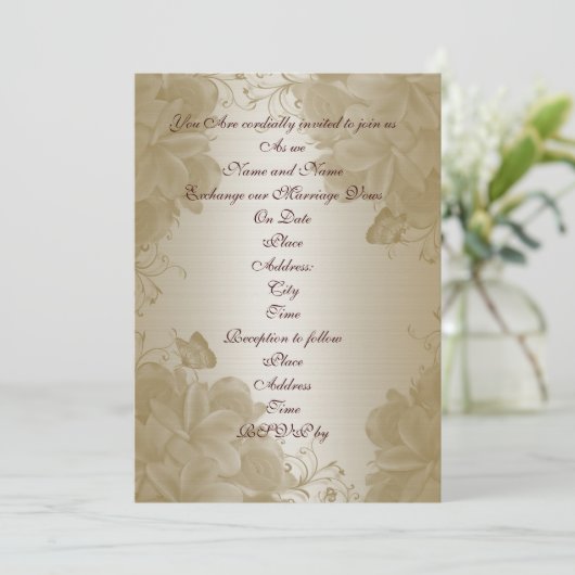 Huwelijksuitnodiging goud satijn plumeria kaart (Staand voorkant)