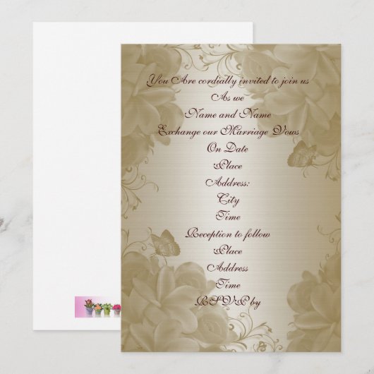 Huwelijksuitnodiging goud satijn plumeria kaart (Voorkant / Achterkant)