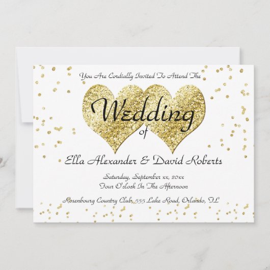Huwelijksuitnodiging Gouden Confetti Gouden Harten Kaart (Voorkant)