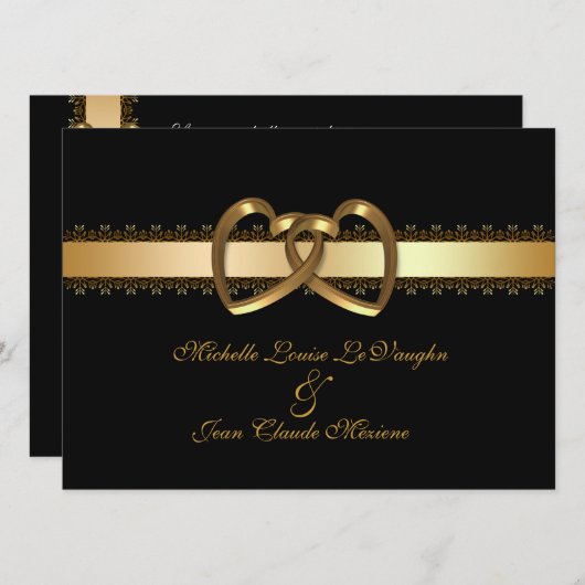 Huwelijksuitnodiging gouden harten op zwart kaart (Voorkant / Achterkant)