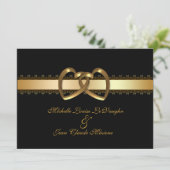 Huwelijksuitnodiging gouden harten op zwart kaart (Staand voorkant)