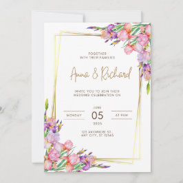 huwelijksuitnodiging Gouden lijst roze bloemetjes Kaart
