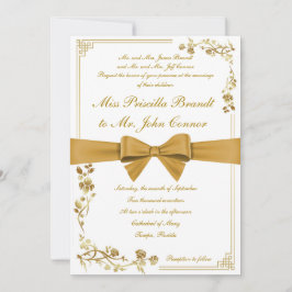 Huwelijksuitnodiging gouden lint kaart
