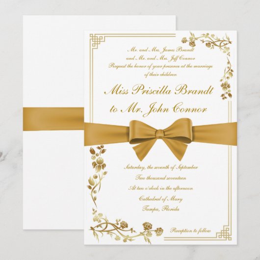 Huwelijksuitnodiging gouden lint kaart (Voorkant / Achterkant)