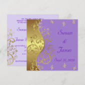 Huwelijksuitnodiging - Gouden wervelingen & Lavend Kaart (Voorkant / Achterkant)