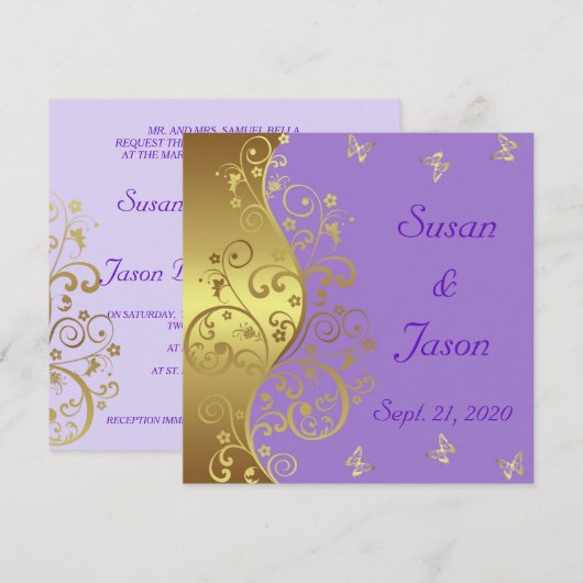 Huwelijksuitnodiging - Gouden wervelingen & Lavend Kaart (Voorkant / Achterkant)