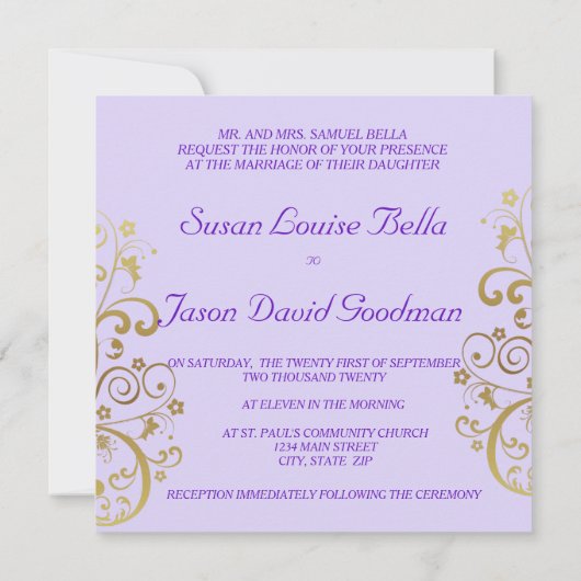 Huwelijksuitnodiging - Gouden wervelingen & Lavend Kaart (Achterkant)