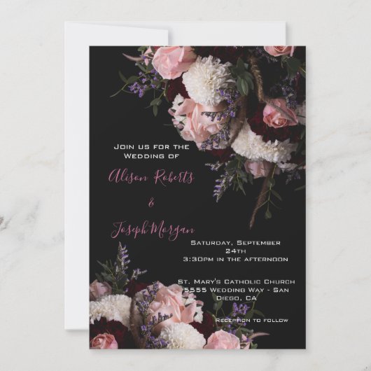 Huwelijksuitnodiging humeurig bloemig, bordeaux wi kaart (Voorkant)