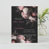 Huwelijksuitnodiging humeurig bloemig, bordeaux wi kaart (Staand voorkant)