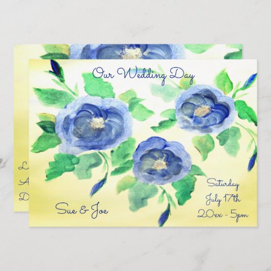 Huwelijksuitnodiging in aquarel blauwe Rozen Kaart (Voorkant / Achterkant)