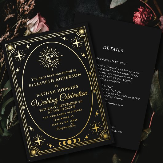 Huwelijksuitnodiging in folie van Celestial Black Uitnodiging