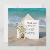 Huwelijksuitnodiging in strandzand met zeesterren save the date (Voorkant)