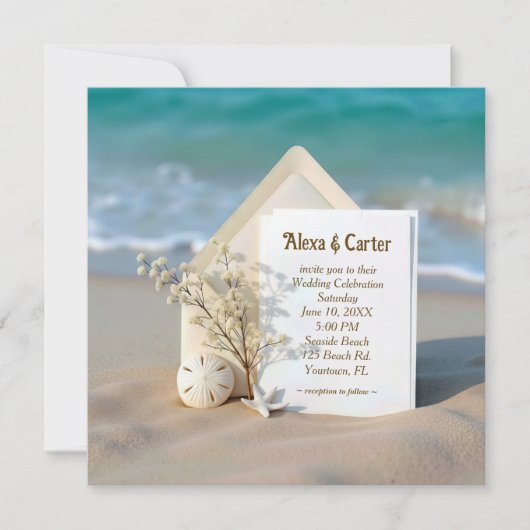 Huwelijksuitnodiging in strandzand met zeesterren save the date (Voorkant)