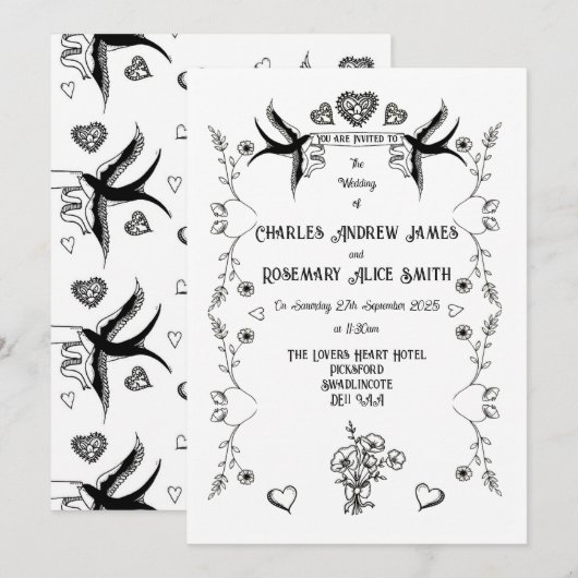 Huwelijksuitnodiging in vintage tattoo stijl kaart (Voorkant / Achterkant)