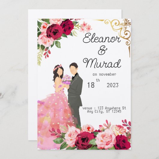 huwelijksuitnodiging kaart (Voorkant / Achterkant)