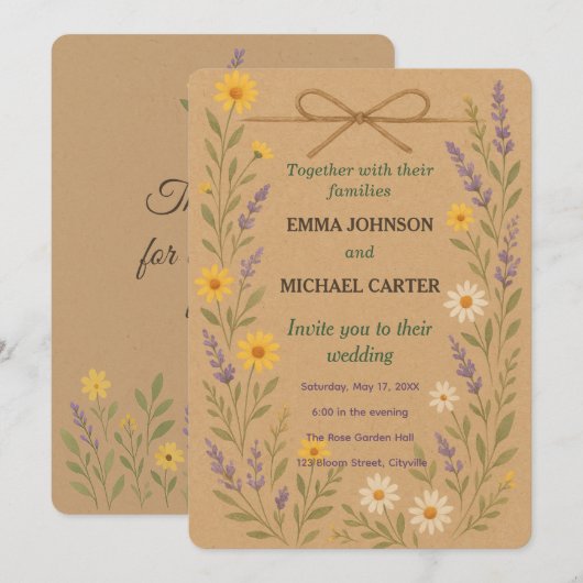 Huwelijksuitnodiging Kaart Rustic Wildflower (Voorkant / Achterkant)