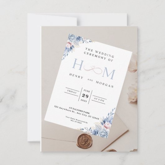 Huwelijksuitnodiging, klassiek met blauwe bloemen kaart (Achterkant)