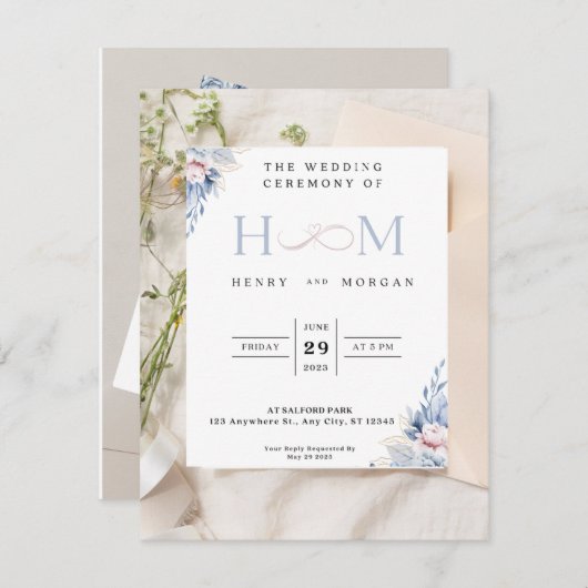 Huwelijksuitnodiging, klassiek met blauwe bloemen kaart (Voorkant / Achterkant)