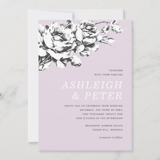 Huwelijksuitnodiging La Vie en Rose Floral - Paars Aankondiging (Voorkant)