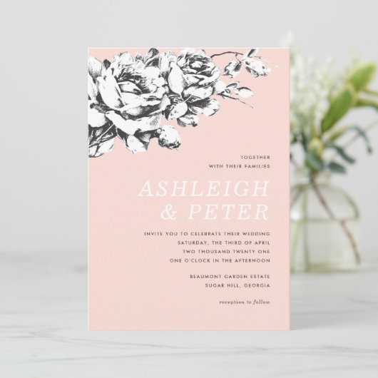 Huwelijksuitnodiging La Vie en Rose Floral - Roze Aankondiging (Staand voorkant)