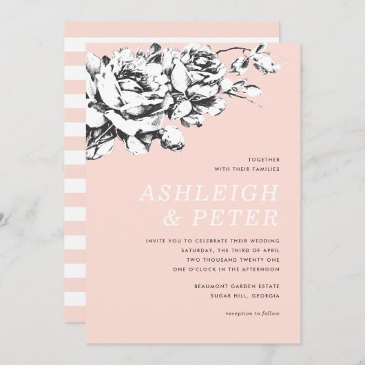 Huwelijksuitnodiging La Vie en Rose Floral - Roze Aankondiging (Voorkant / Achterkant)