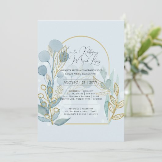 Huwelijksuitnodiging Lichtblauw Goud Kaart (Staand voorkant)