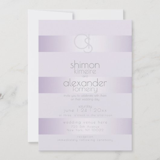 huwelijksuitnodiging | Lila Shimmer Stripe Monogra Kaart (Voorkant)