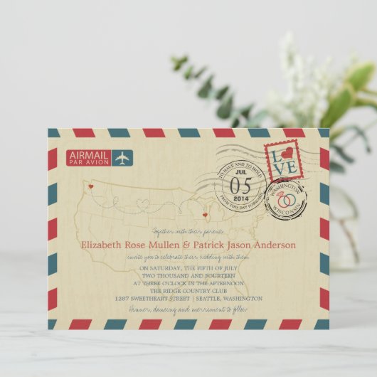 Huwelijksuitnodiging Luchtpost VS Landkaart Kaart (Staand voorkant)