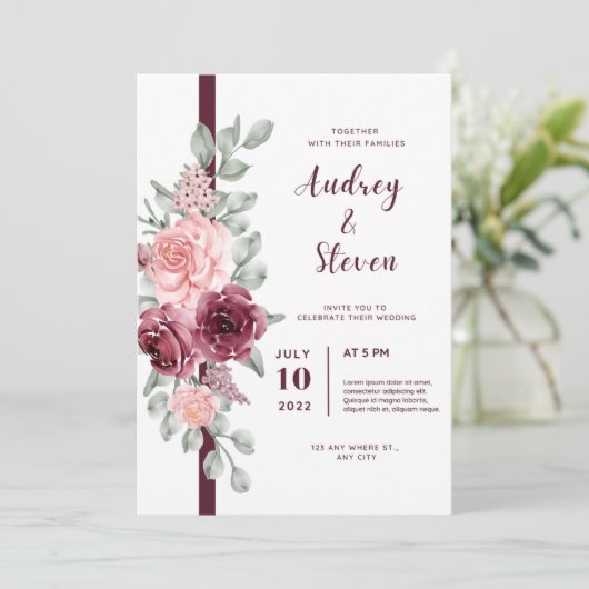 Huwelijksuitnodiging Magenta Lijn Lint Flora Save The Date (Staand voorkant)