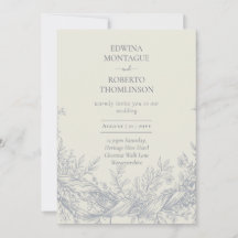 Huwelijksuitnodiging met Blauwe Botanische Gravure