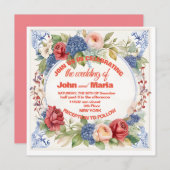 Huwelijksuitnodiging met bloemen en roze achtergro kaart (Voorkant / Achterkant)