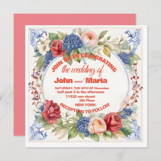 Huwelijksuitnodiging met bloemen en roze achtergro kaart (Voorkant / Achterkant)